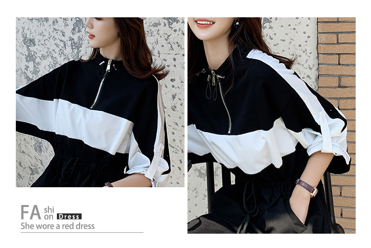 VK旗艦店 韓系拉鏈系帶撞色拼接寬鬆運動風長袖洋裝