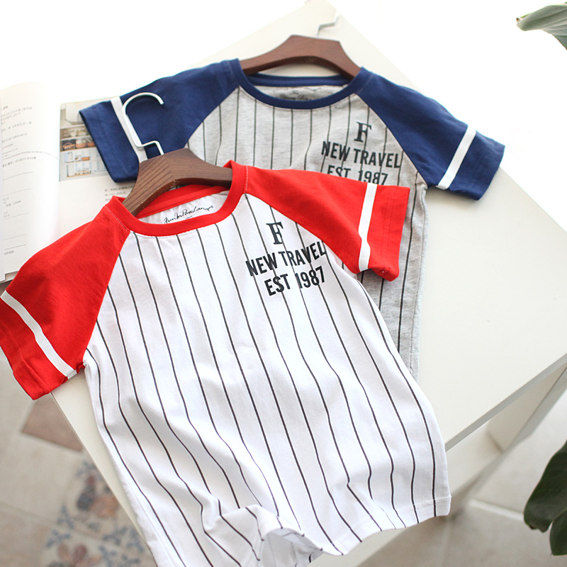 (Flush) Vertical Striped Boy Short Sleeve T-shirt Insert Shoulder Cuff Child Suit Beating Bottom Half Sleeve Shirt Pure Cotton CUHK Youngster