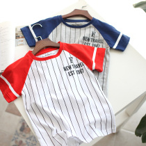 (Flush) Vertical Striped Boy Short Sleeve T-shirt Insert Shoulder Cuff Child Dress Bottom Half Sleeve Shirt Pure Cotton CUHK Youngster