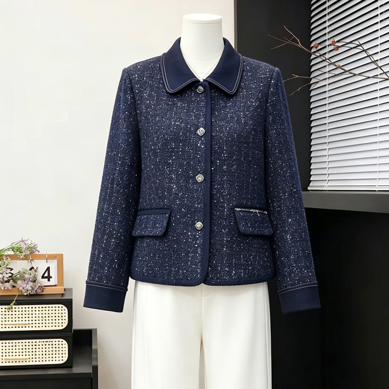 Chanel-Style Mother's Autumn Jacket, Stylish Short Jacket, Middle-Aged and Elderly Women's Clothing, Lapel Cardigan for Petite Women