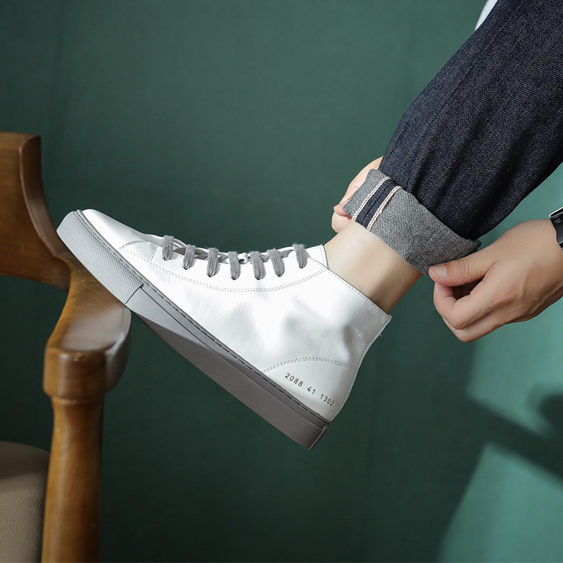 Genuine leather small white shoes high cylinder board shoes men 100 hitch Inn Martin shoes midcylinder tooling boots Korean version trend casual men's shoes