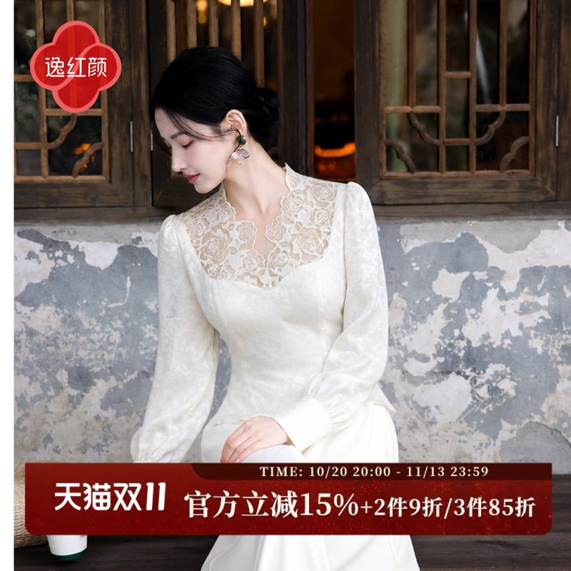 Yihongyan's 2026 Autumn New Collection Rose Lace Vintage Berkeley High-End Ruffle Hem Blouse for Women Yihongyan's 2026 Autumn New Collection Rose Lace Vintage Berkeley High-End Ruffle Hem Blouse for Women