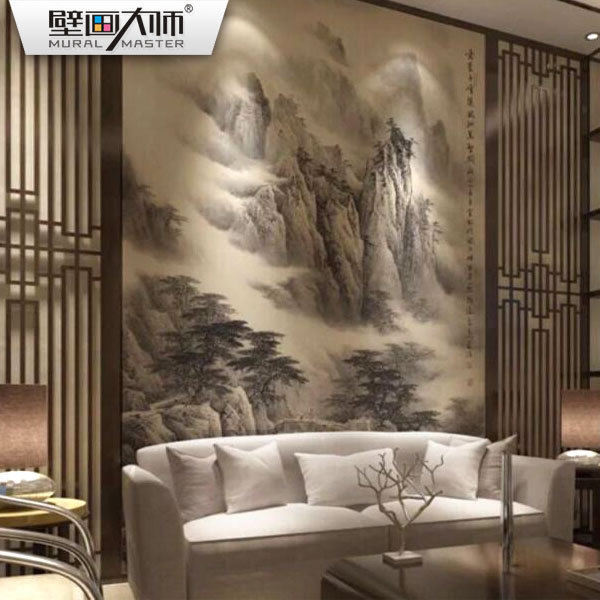 新中式电视背景墙壁纸水墨壁画墙纸国画山水书画墙布客厅沙发书房