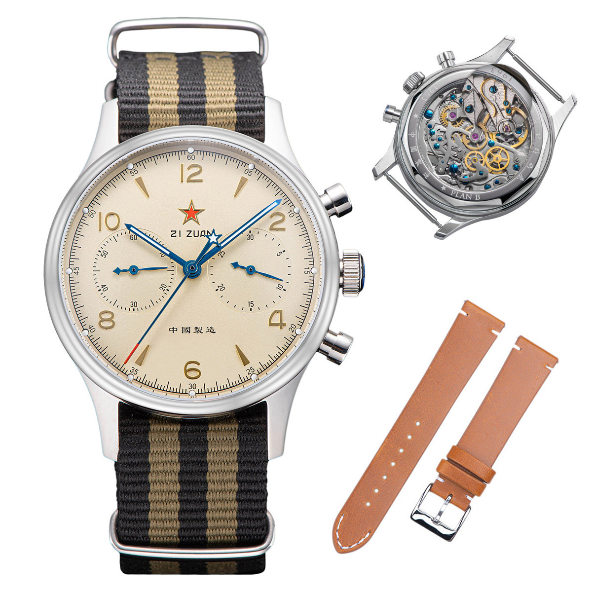 40MM Sapphire - Made in China Luminous - Gooseneck Striped Nylon Belt Comes with Brown Belt