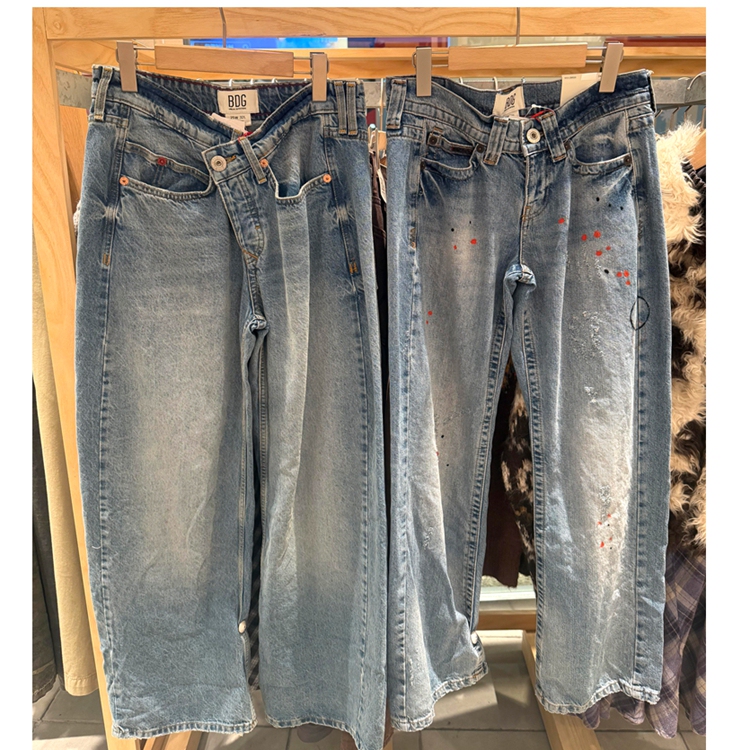 Bdg Unique Asymmetrical Placket Loose Washed Casual Jeans for Women 25 Autumn/Winter Little Girl It Authentic National Brand