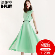 DPLAY2018 mùa hè mới Châu Âu và Mỹ xanh không tay V-Cổ eo cao ăn mặc thời trang thanh lịch lớn váy dài
