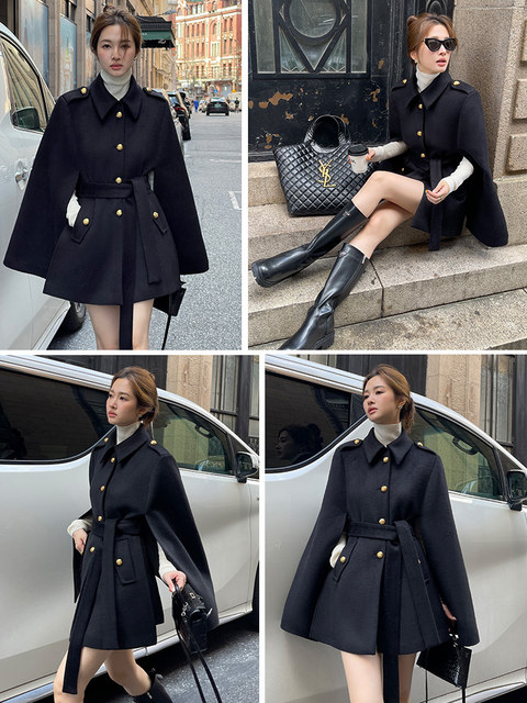 DPLAY winter French woolen coat British style black cape coat military style woolen coat