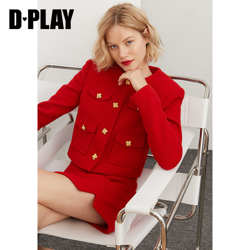 DPLAY (black mark) 2022 Spring new vintage Christmas red round collar wide shoulder rose buckle coarse flower jacket