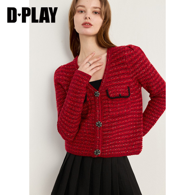 DPLAY Spring fragrance style red neck V-neck blended floral yarn bright silk braided knitted sweater cardigan for women