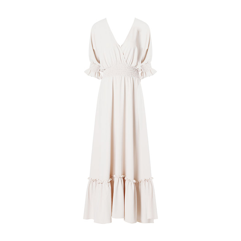 DPLAY Depara 2019 autumn new European and American apricot dark V-neck high waist ruffled hem sweet dress
