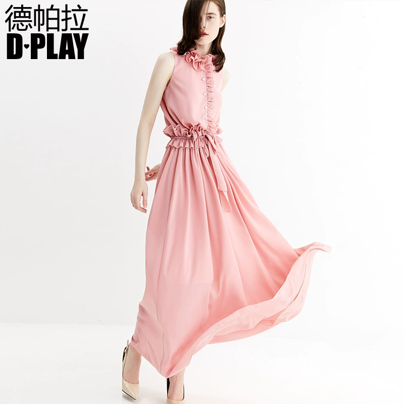DPLAY Depalachun Âu Mỹ màu hồng mộc tai ren lên váy không tay cao eo sang trọng - Váy eo cao