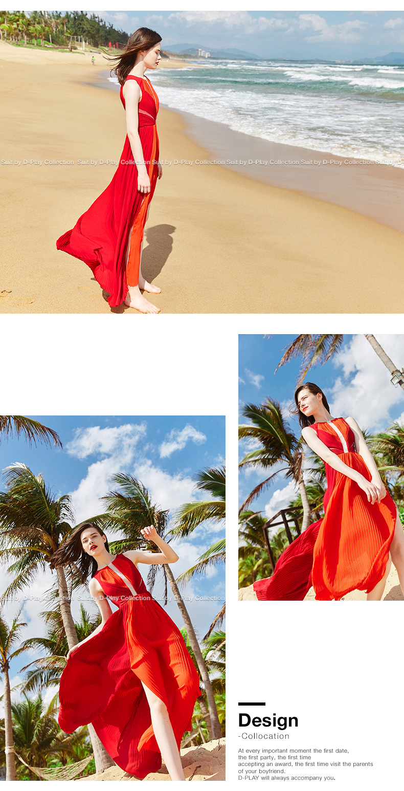 DPLAY2018 mùa hè mới thời trang châu Âu và Mỹ quanh cổ màu đỏ cam spell hit màu pleated sexy khe khu nghỉ mát bãi biển váy đồ công sở nữ