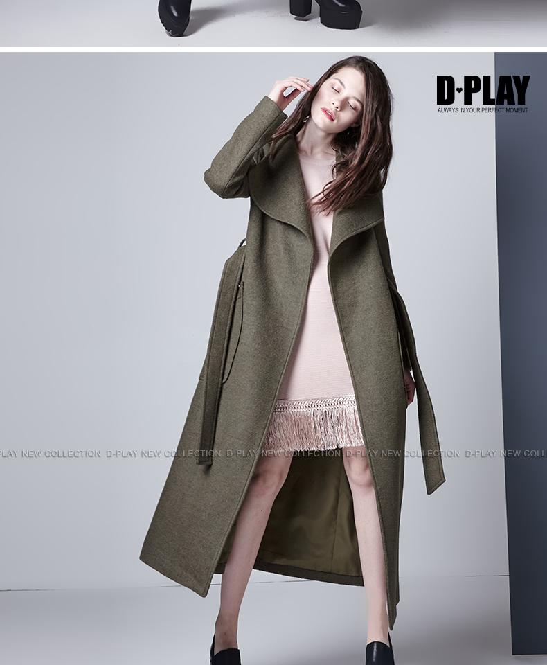 DPLAY mô hình mùa thu và mùa đông Châu Âu và Hoa Kỳ với thắt lưng và áo khoác dài đi lại OL áo khoác len mỏng lớn áo khoác dáng dài hàn quốc