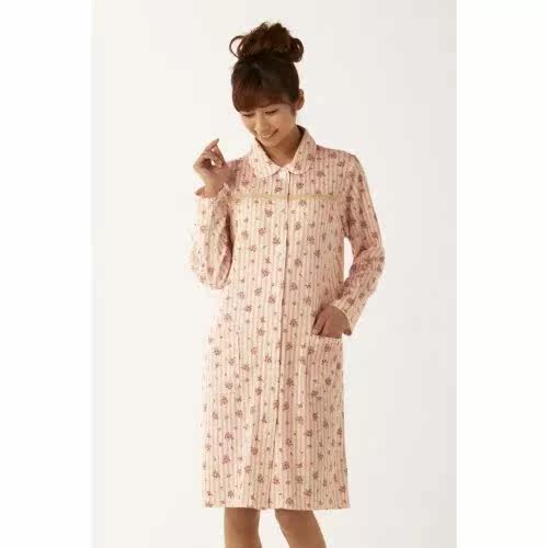 Export Japanese women's spring and autumn knitted cotton homewear long-sleeved pajamas nightgown nightdress front button soft and breathable