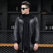 Lông sinh thái nguyên bản một bộ quần áo bằng da nam Áo choàng lông trùm đầu trong phần dài hai mặt cừu xé lông mùa đông
