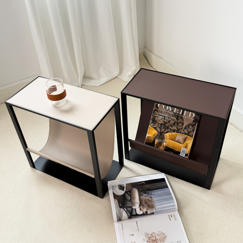 Minimalist Geometric Iron Art Storage Rack with Double-Layer Leather Album Organizer, Light Luxury Book and Newspaper Storage Side Table