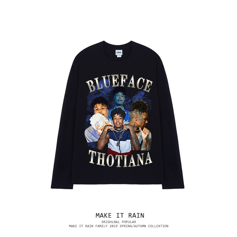 Blueface rapper áo thun dài tay hiphop hip-hop đường phố in retro nam và nữ tee hoang dã - Áo phông dài