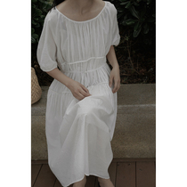 MMCC2022 spring new pure color white cool round collar Folds Loose Temperament Cramp Thin-style Dress Shirt