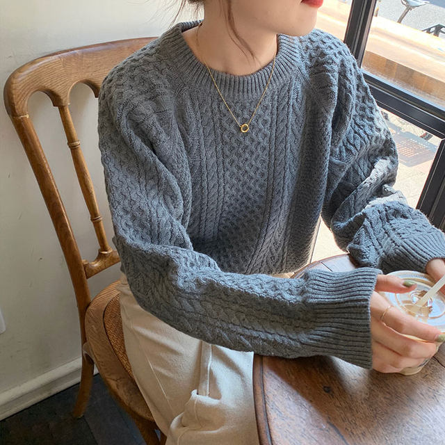 ການສັກຢາທີ່ແທ້ຈິງຂອງເກົາຫຼີໃຫມ່ຮອບຄໍ pullover ຂົນສັດຫນາ sweater ສໍາລັບແມ່ຍິງ retro ບິດສັ້ນ knitted ເທິງ 1587