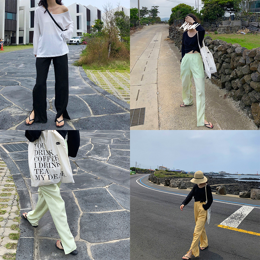 yesroom homemade summer Korean version of the slit comfortable light lining loose slim elastic waist casual straight-leg pants