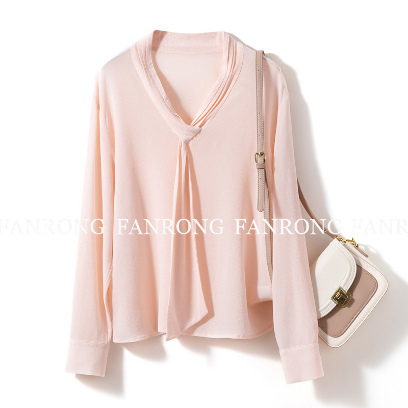 Light Pink 23mm Heavy Silk Shirt for Women, 2026 Spring/Summer New French Style Ribbon Mulberry Silk Blouse