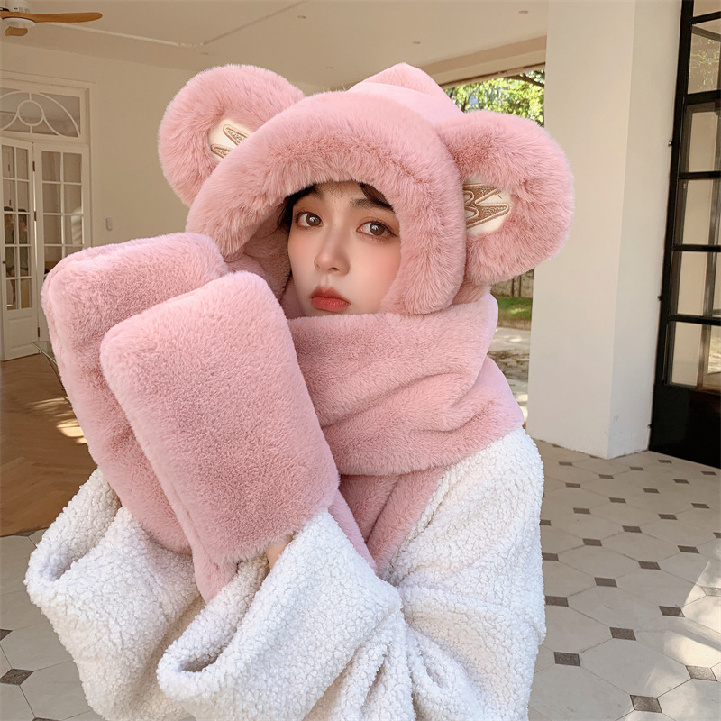 Scarf New Small Bear Rabbit Suede Winter Parenting Plush 2021 Thickened Gloves Three Sets Cap Scarves Warm