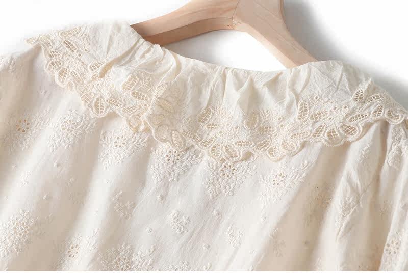 Vintage hollow out embroidery long sleeve peter pan collar loose cotton dress 2020 autumn