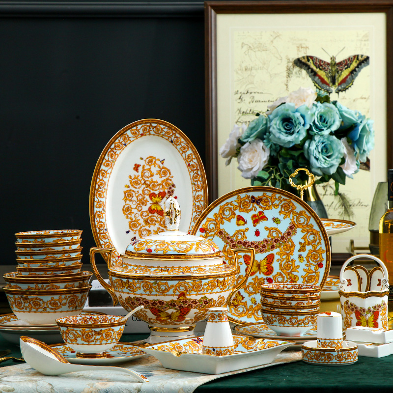 New Chinese-style Jingdezhen high-end Western-style bone china tableware set Phnom Penh ceramic plate model room hotel private club