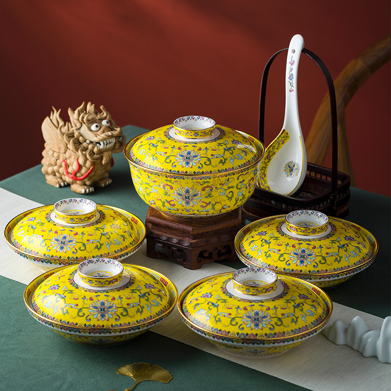 Jingdezhen enamel Enamel Tableware Kit Composition Porcelain 4 dishes One soup Ceramic Bowl plate with lid soup bowl