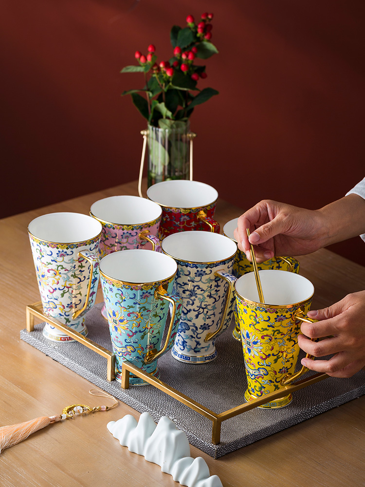 Jingdezhen enamel color household bone china mug Couple cup Creative cup gift box set Birthday gift
