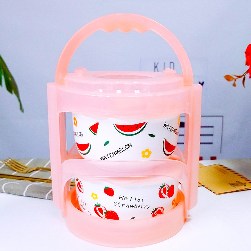 Day Style Strawberry Refreshing Bowl Three Sets Round with lid Work group Ceramic Bowl Microwave Oven Heated Lunch Box Layered Bowl