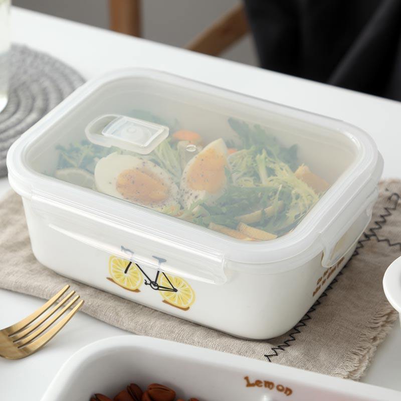 Single ceramic lunch box fruit box with lid preservation box microwave oven heating rectangular sealing bowl on the working class job