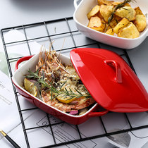 Ceramic electric baking tray rectangular with lid household binaural cheese baked rice microwave oven bowl oven handle barbecue baking tray
