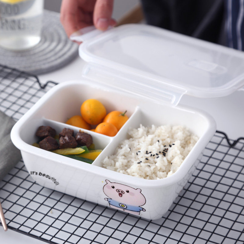 Rectangular ceramic insulation microwave oven heating grid lunch box female three grid office worker cartoon cute Japanese partition