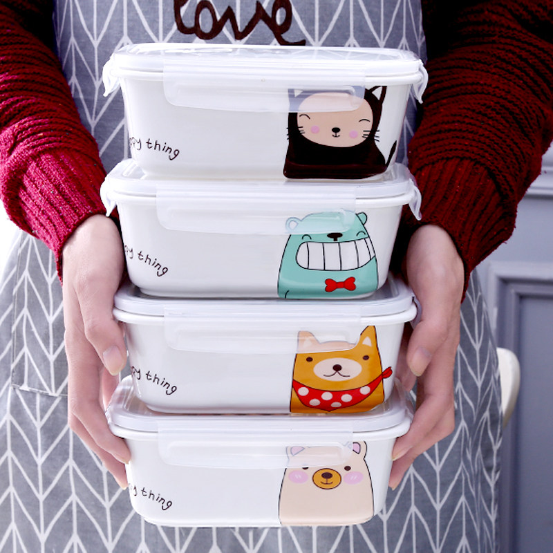 Three-grid ceramic grid lunch box Cute microwave oven special girl bento box Japanese rectangular office worker student