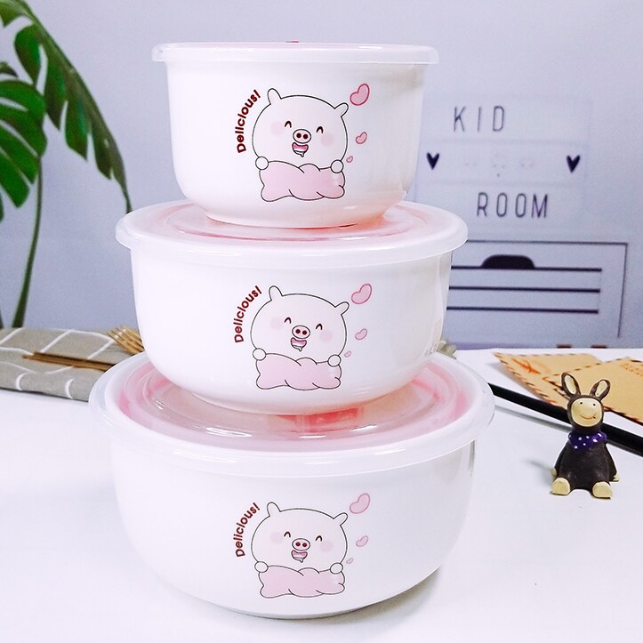 Round Refreshing Box Three Sets Bowls Food Grade Ceramic Lunch Box Fridge With Lid Microwave Oven Special Heated Lunch Box