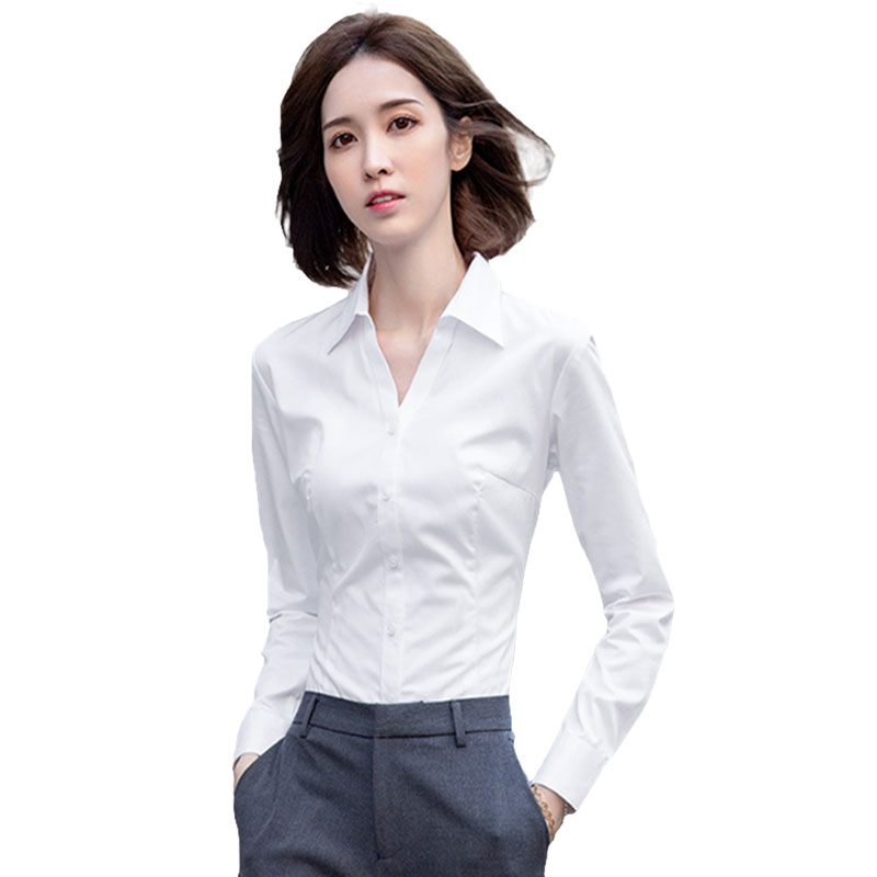 White Shirt Woman Long Sleeve V Collar Workwear Jacket for Lean Temperament Student Interview Positive Dress Career Tooling Cotton Shirt