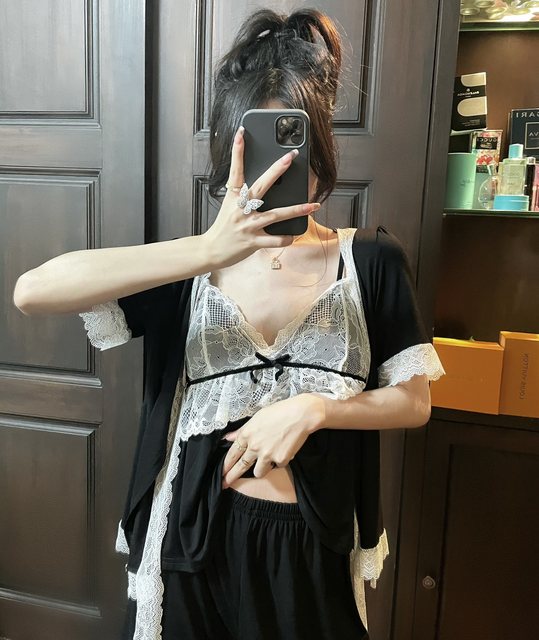 Pyjamas ສໍາລັບແມ່ຍິງ summer modal ຝ້າຍ lace cardigan suspenders ຂະຫນາດນ້ອຍ fragrance ແບບຄວາມປາຖະຫນາອັນບໍລິສຸດ sexy ອິນເຕີເນັດສະເຫຼີມສະຫຼອງເຮືອນໃສ່