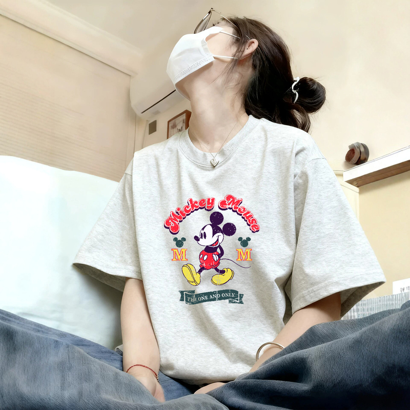 Pure Cotton Short-Sleeve T-Shirt for Women, Loose Fit, Regular Shoulder, Half-Sleeve Tee, 2026 New Summer Design, Niche Mickey Top