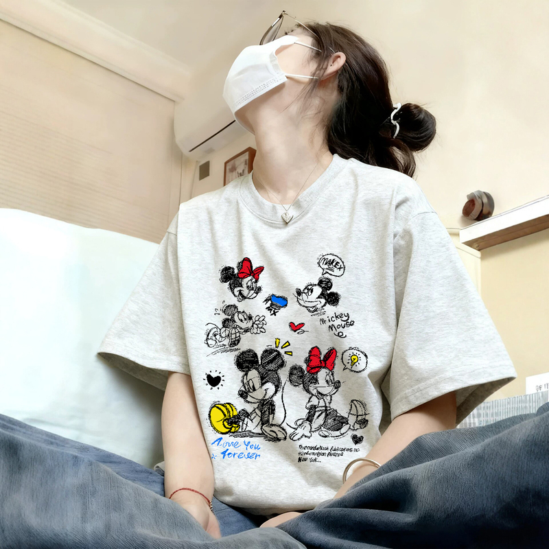 Short-Sleeved T-Shirt for Women, Korean Mickey Mouse Design, Niche Trendy Brand, Half-Sleeve T-Shirt, Summer Pure Cotton Loose Top Short-Sleeved T-Shirt for Women, Korean Mickey Mouse Design, Niche Trendy Brand, Half-Sleeve T-Shirt, Summer Pure Cotton Loose Top