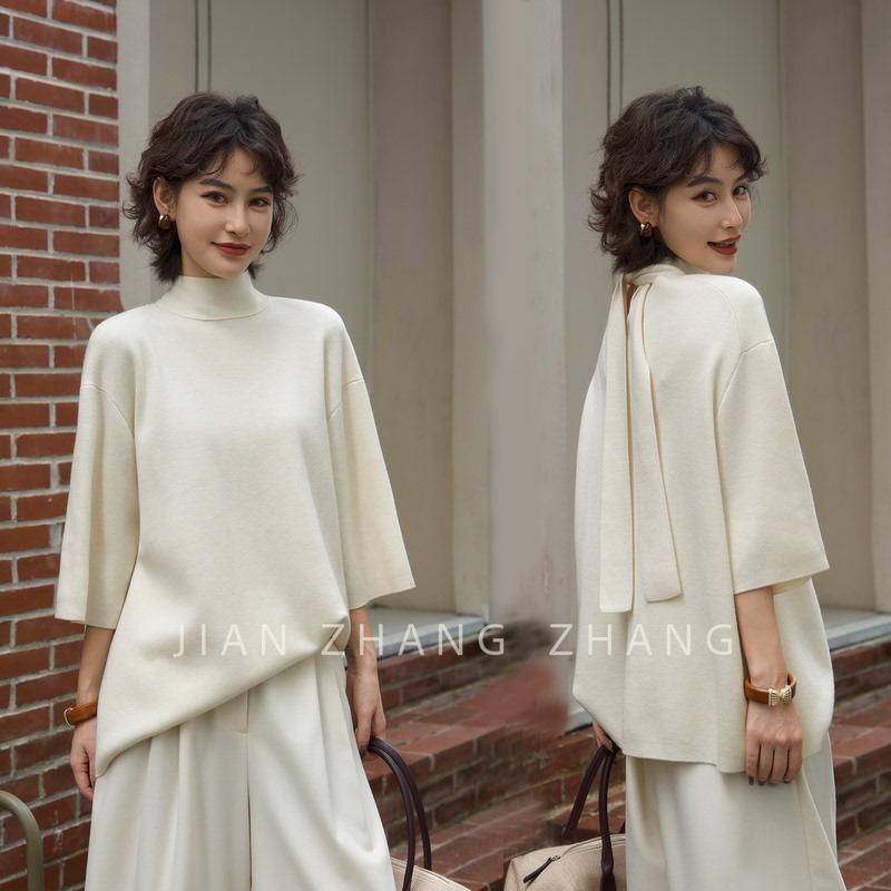 Jianzhangzhang【Jingyu Zhibai】Fine-Spun Wool Turtleneck with Tie Design, Fashionable and Slimming Knit Sweater