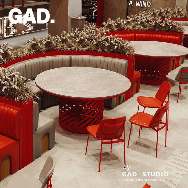 Red theme Qing Bar Restaurant Customized semi-circular sofa card seat by wall tea building table and chair combination