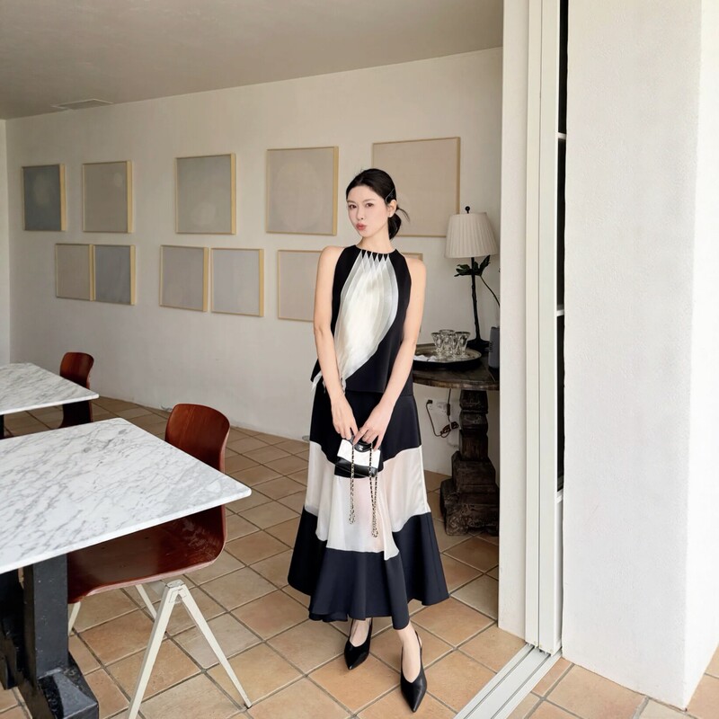 Elegant Goddess Style Color-Blocked Sleeveless Top + Sheer Flowing Skirt Light Luxury Summer Set