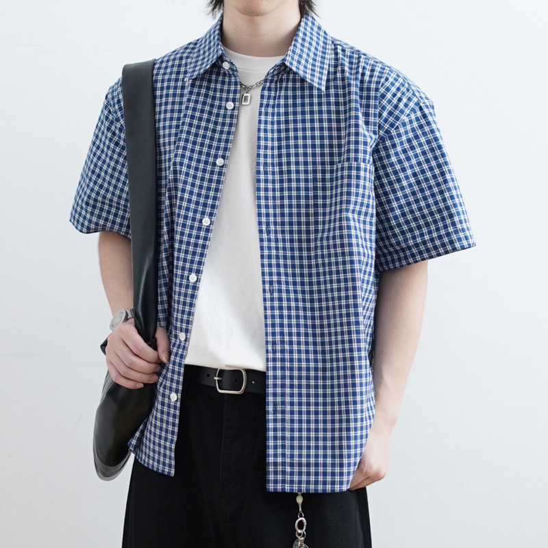 Shijoin Original Dark Blue Plaid Short-Sleeved Shirt Pure Cotton Miu Style Preppy Wide Shoulder Summer Top 200157