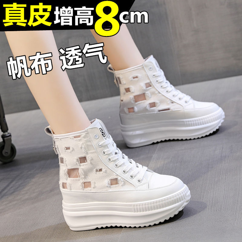 High-Top Canvas Shoes for Women, Summer Style, Breathable Mesh, Inner Height Increase, Women's Shoes with 8cm Thick Platform, Casual Genuine Leather White Shoes