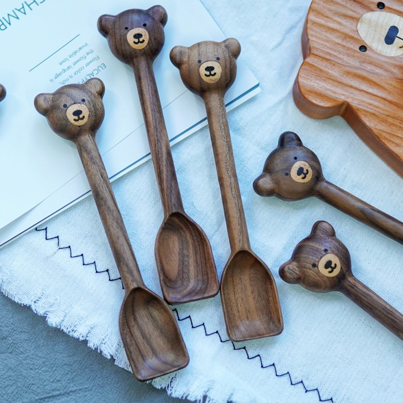 Bear tableware wooden spoon Hand-carved black walnut Japanese-style ins jam honey cute hand writer with spoon