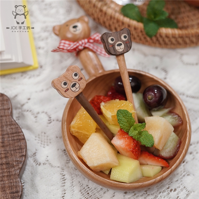Joe Out Little Bear Fruit Fork Solid Wood Cute Ins Day Style Wind Practical Studded Multicolored