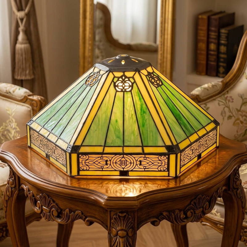 European and American Style Hexagonal Vintage Glass Handmade Lampshade for Table Lamps and Chandeliers, Available in Green, Beige, and White