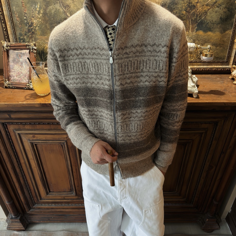 Wool and Alpaca Blend Fair Zip-Up Sweater for Men, Old Money Style Classic Fair Isle Jacquard Cardigan Jacket Wool and Alpaca Blend Fair Zip-Up Sweater for Men, Old Money Style Classic Fair Isle Jacquard Cardigan Jacket
