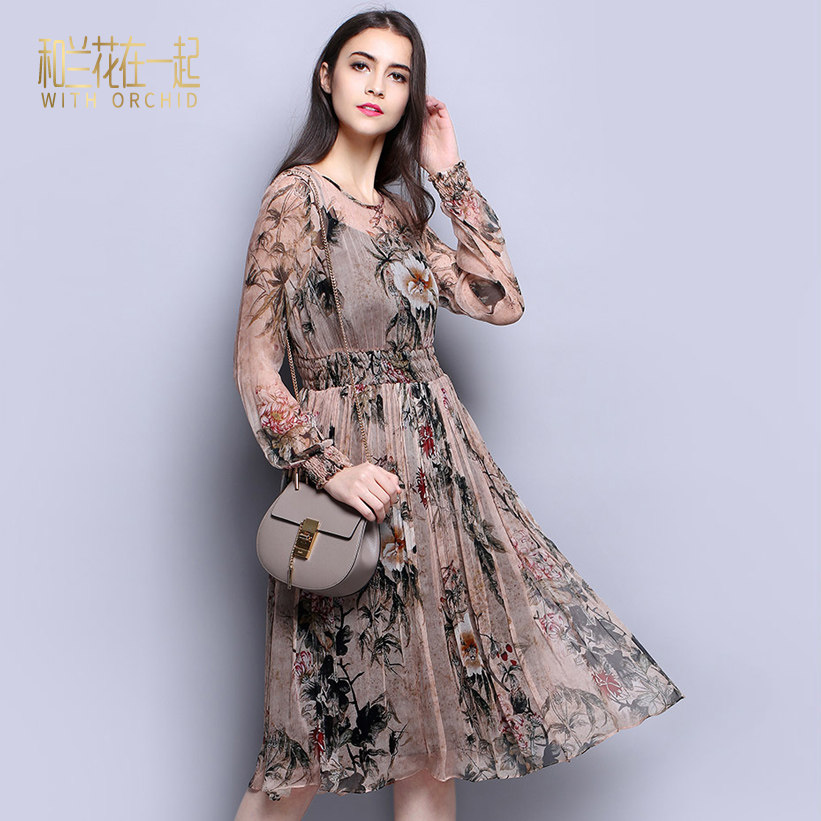 高档大牌连衣裙秋款真丝奢华高端名媛气质淑女桑蚕丝中长款长袖女